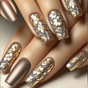 Chic Floral Press-On Nails in Brown and Tan